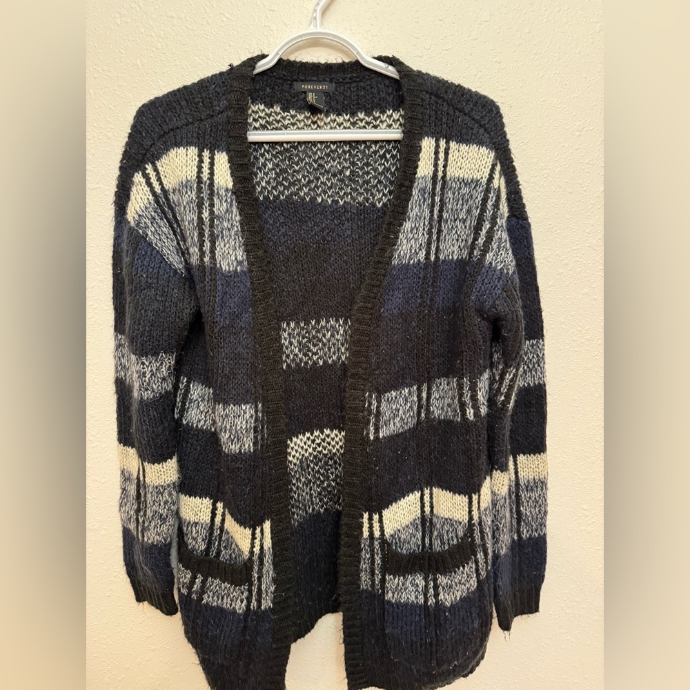 Forever 21 Navy, Black and White Striped Cardigan